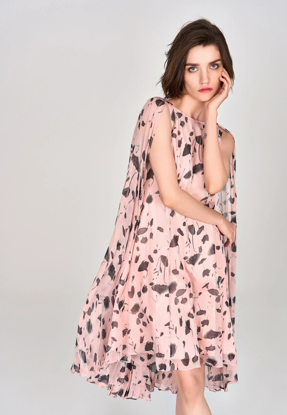 Pink Printed Chiffon Cape Dress