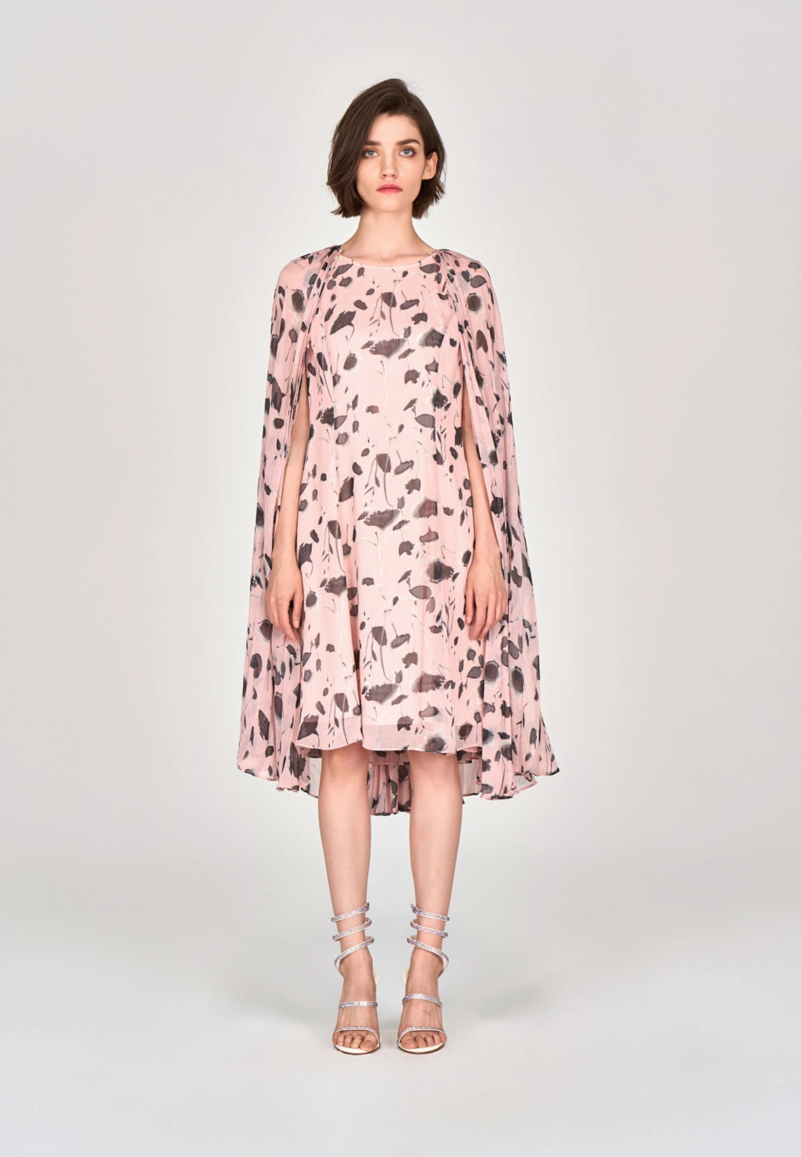 Pink Printed Chiffon Cape Dress