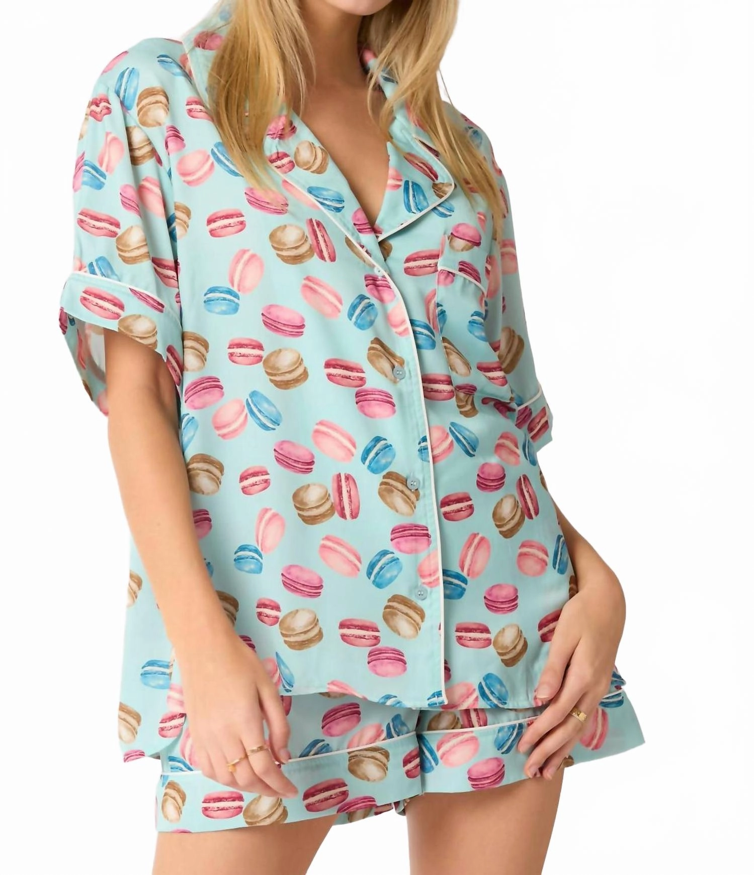 Poly Satin Macarons Printed Pajama Shirt In Aqua