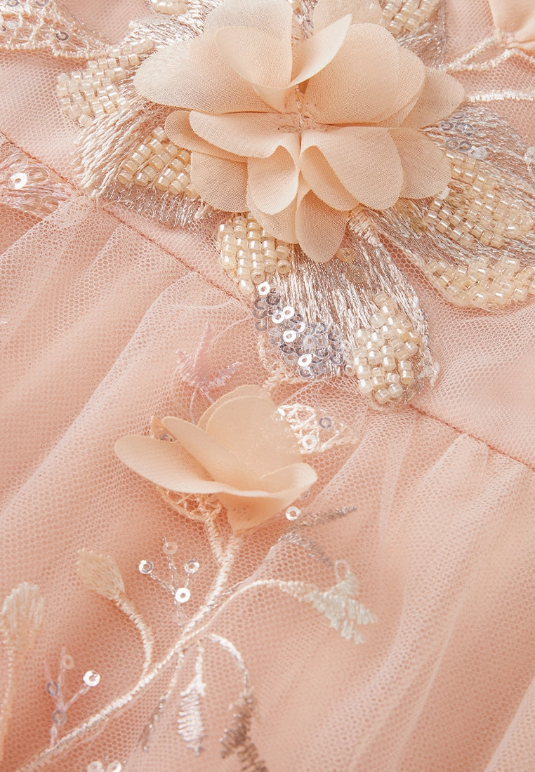 Pop-up Flowers Bead and Sequin Detail Embroidered Mesh Dress