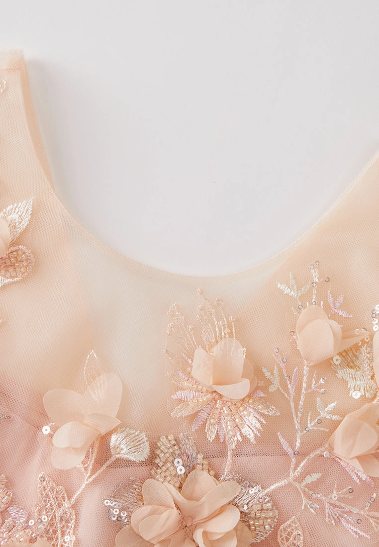 Pop-up Flowers Bead and Sequin Detail Embroidered Mesh Dress