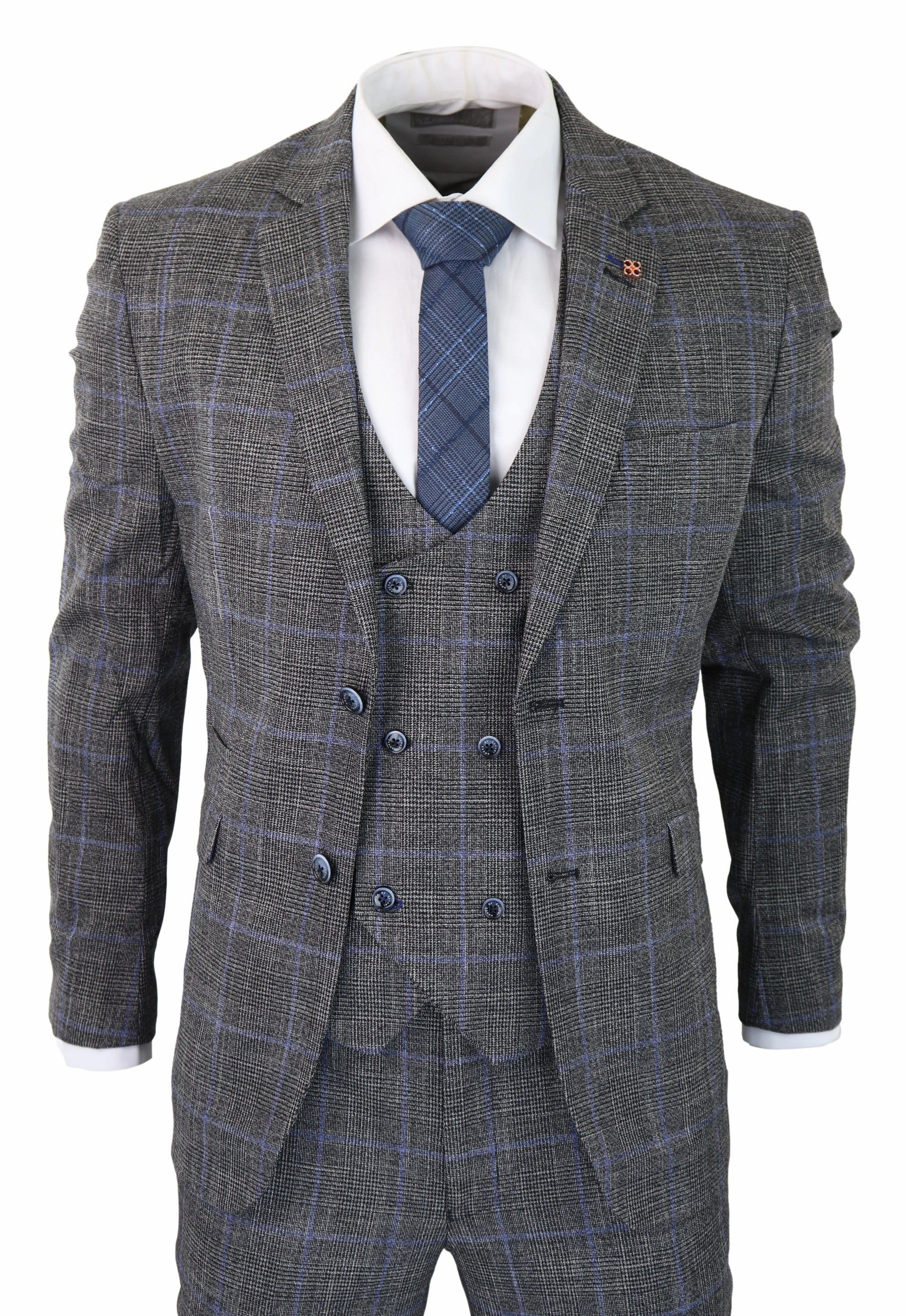 Power 3 Piece Suit Check Grey Double Breasted