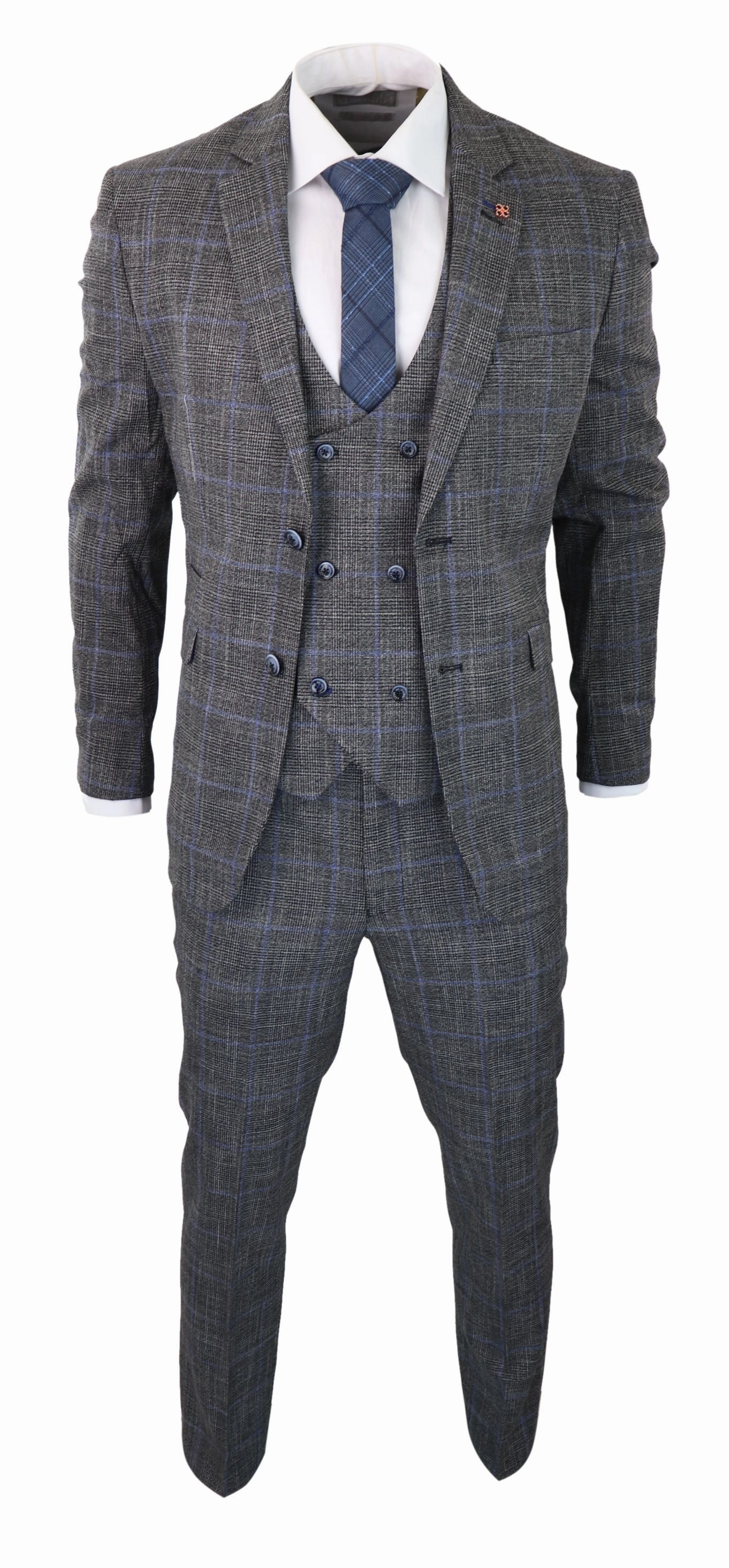 Power 3 Piece Suit Check Grey Double Breasted