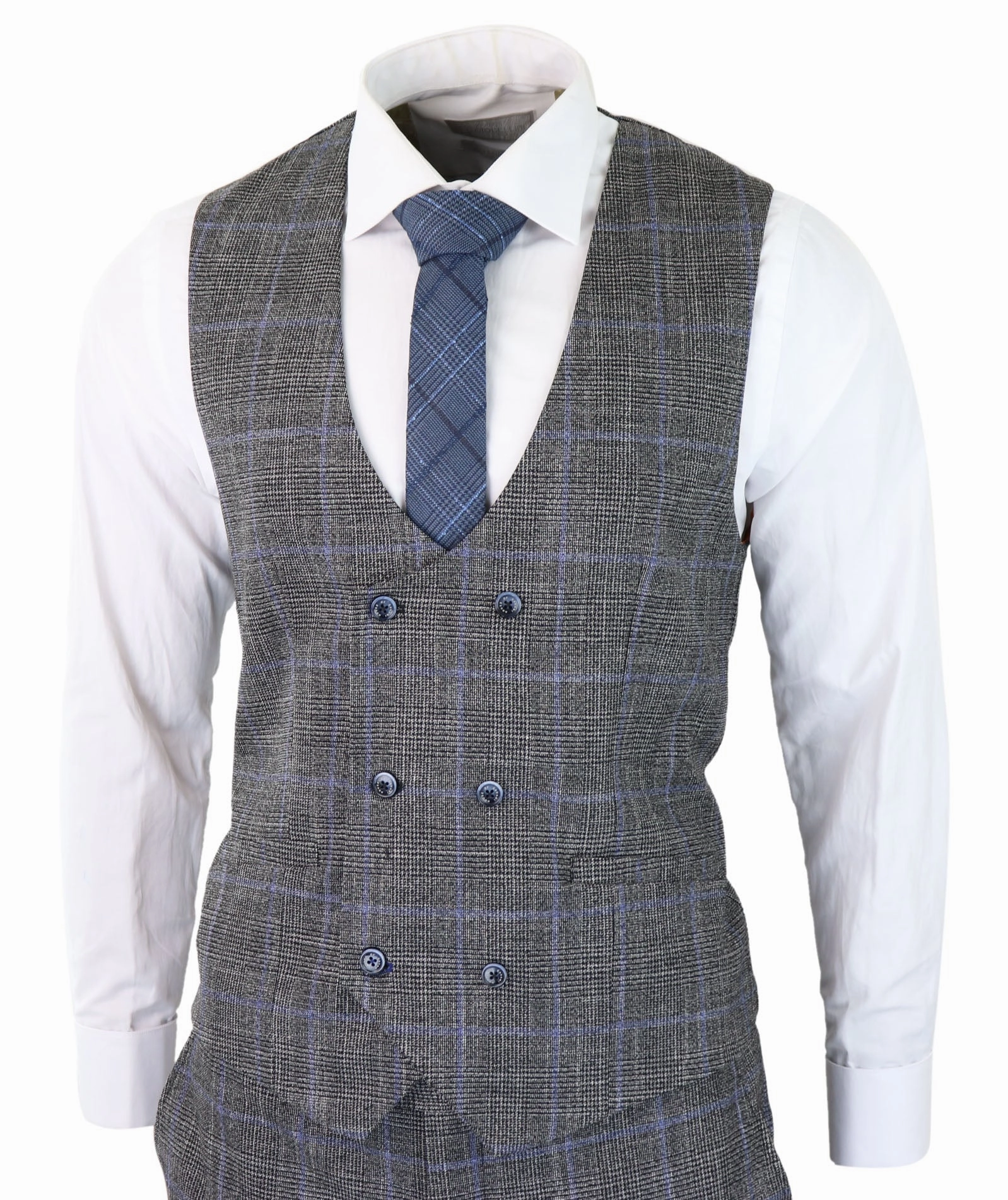 Power 3 Piece Suit Check Grey Double Breasted