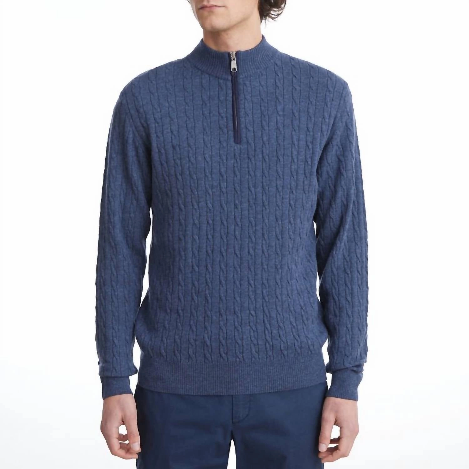Premium Luxury Cable Quarter Zip Sweater In Dark Blue