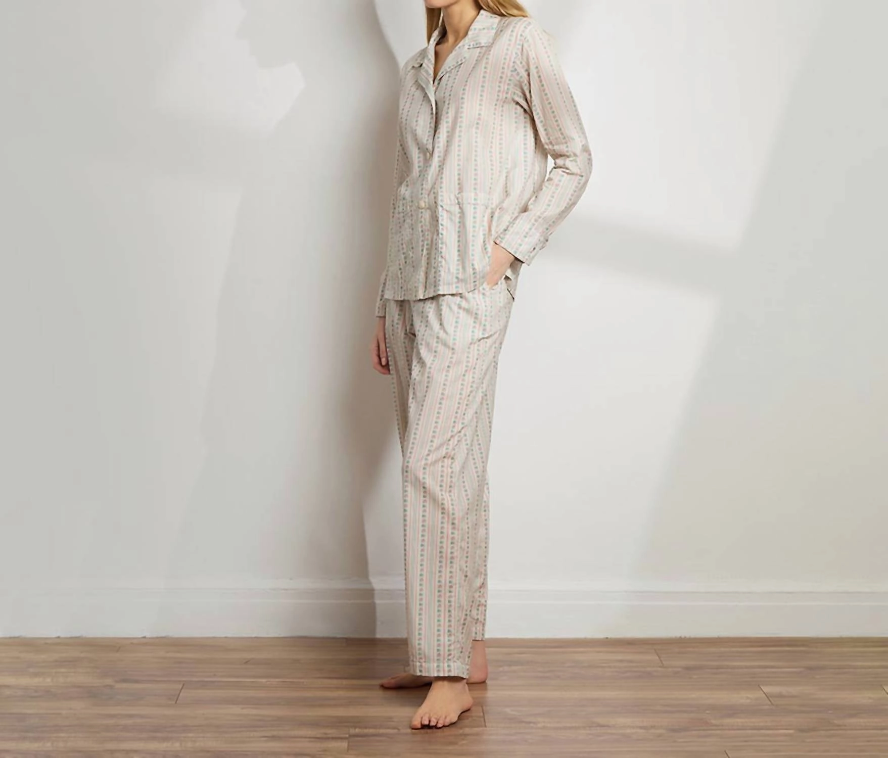 Printed Floral Cotton Long Pajama Set In Rose Wallpaper