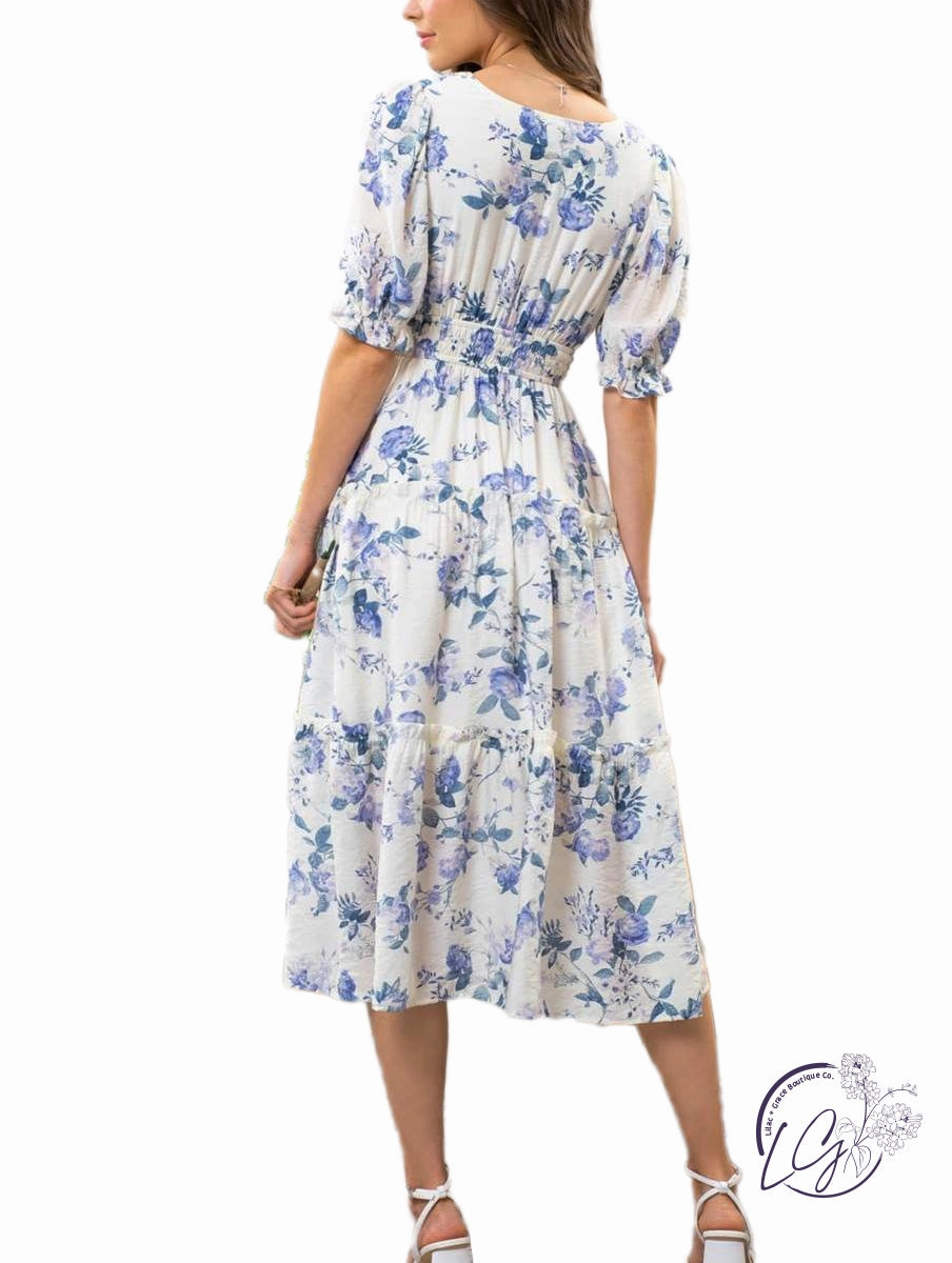 Puff Sleeve Floral Midi Dress