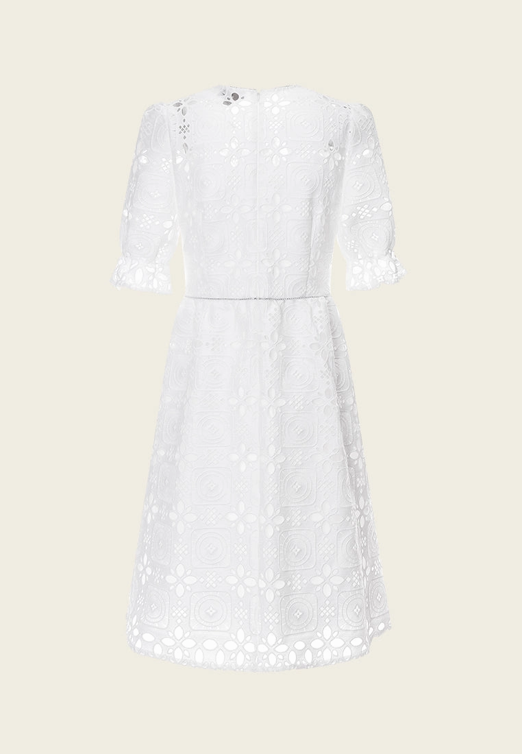 Puff Sleeves White Lace Dress
