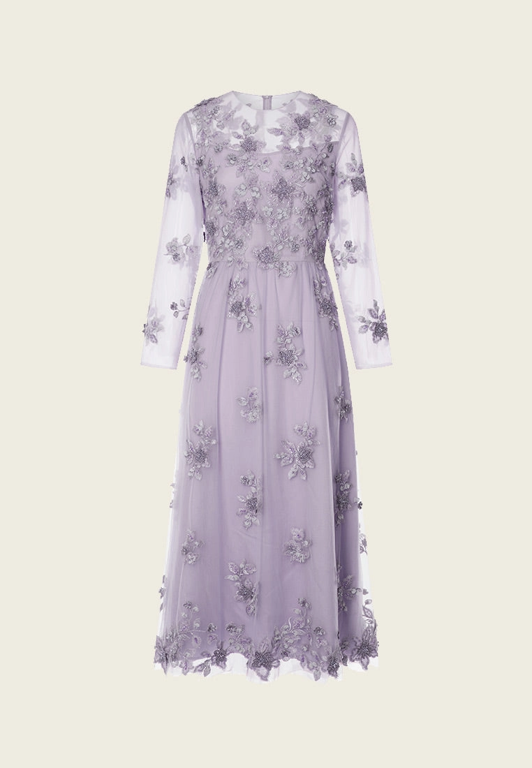 Purple 3D Floral Embellished Dinner Dress