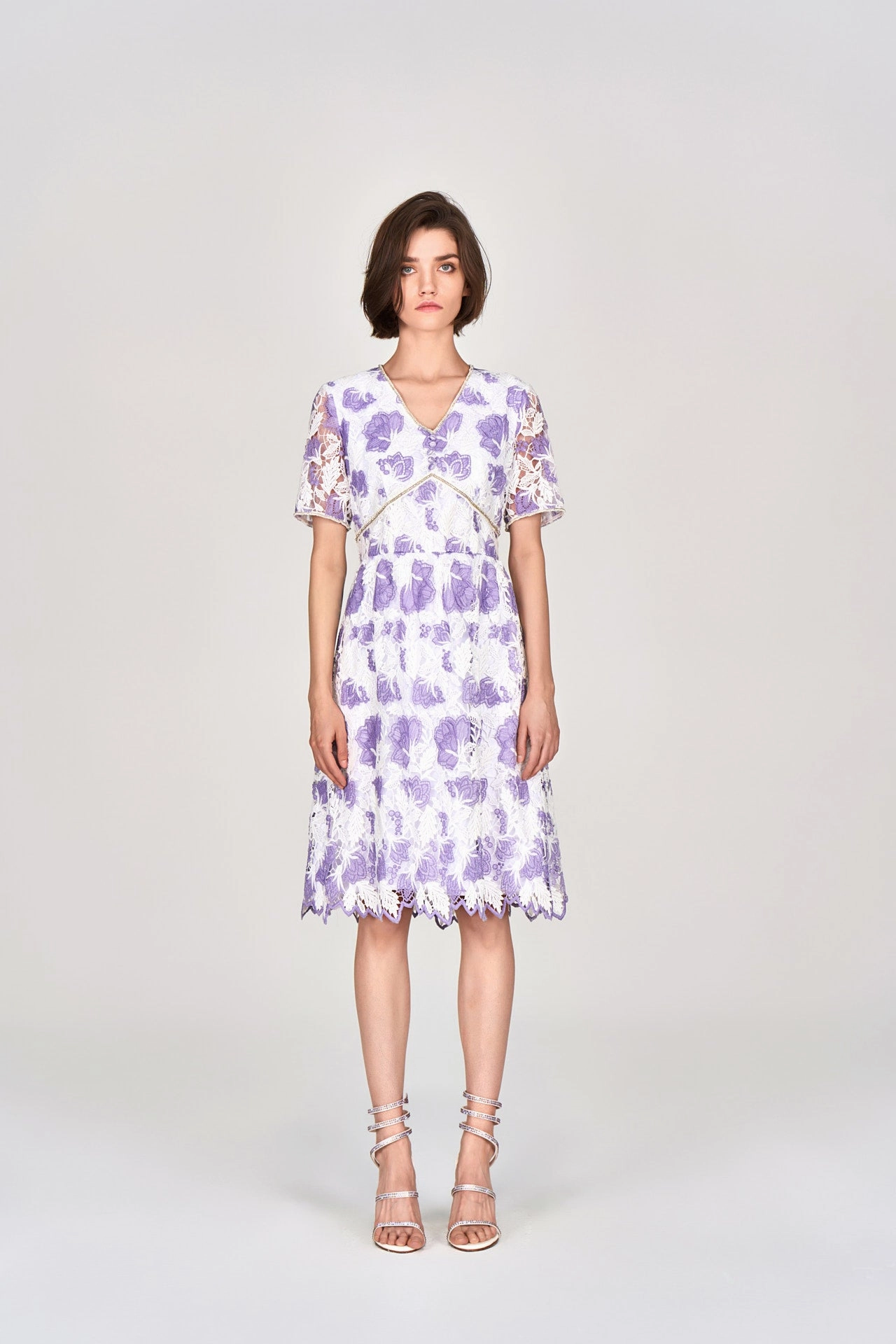 Purple V-neck Lace Midi Dress