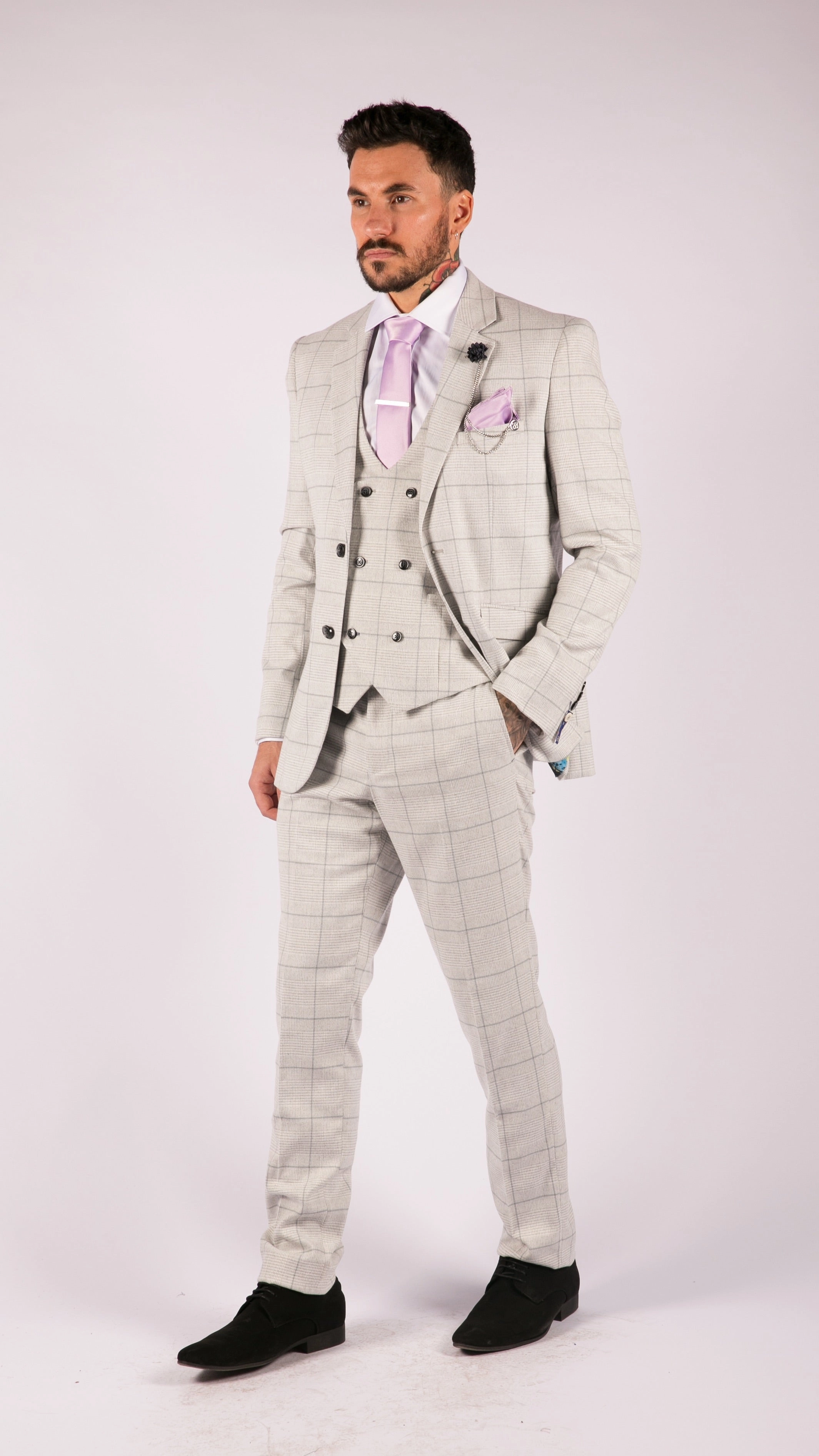 Radika Grey Check 3 Piece Double Breasted Suit
