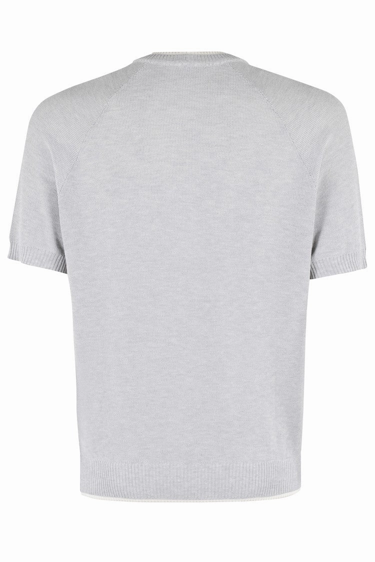 Ribbed Crew Neck Cotton Sweater With Contrasting Trim