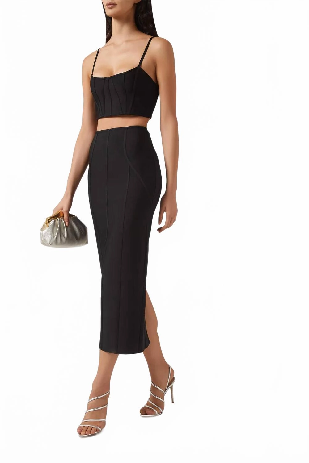 Rose Crop Top & Midi Skirt Set In Black