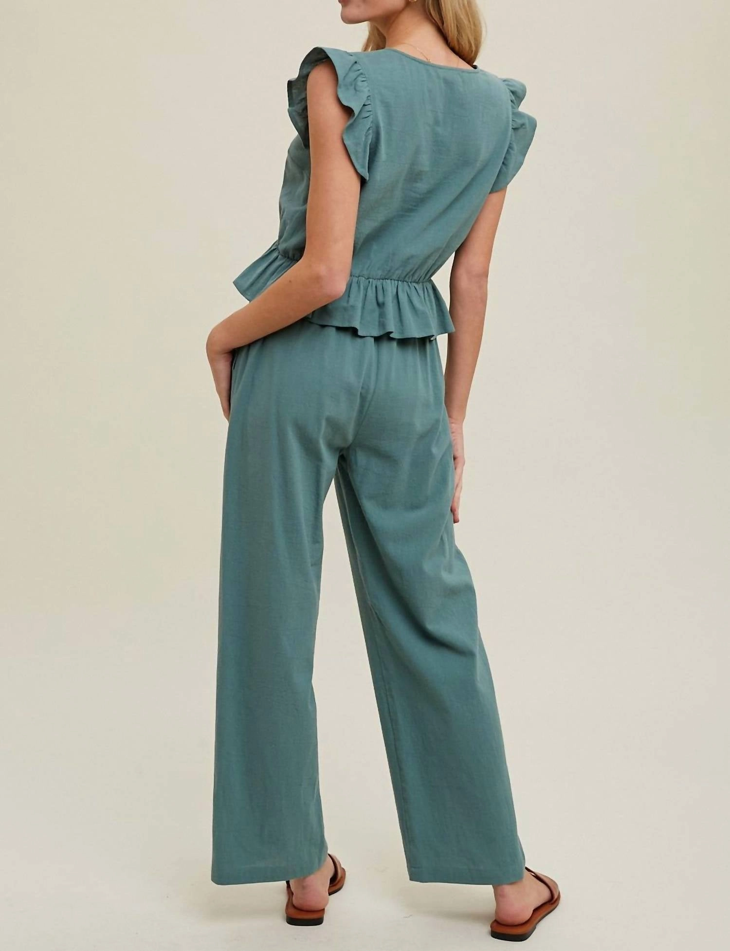 Ruffle Relaxed Crop Top And Pants Set In Teal