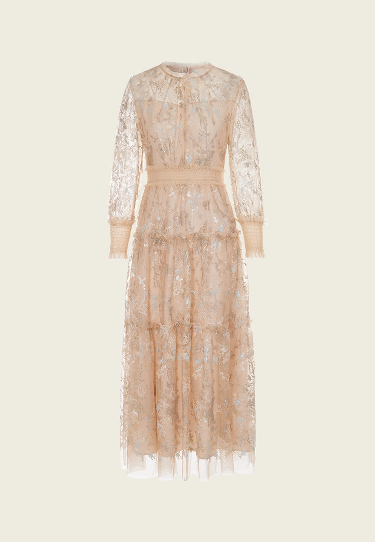 Ruffled-trim Cross-stitch Detail Sequin-detail Mesh Dress