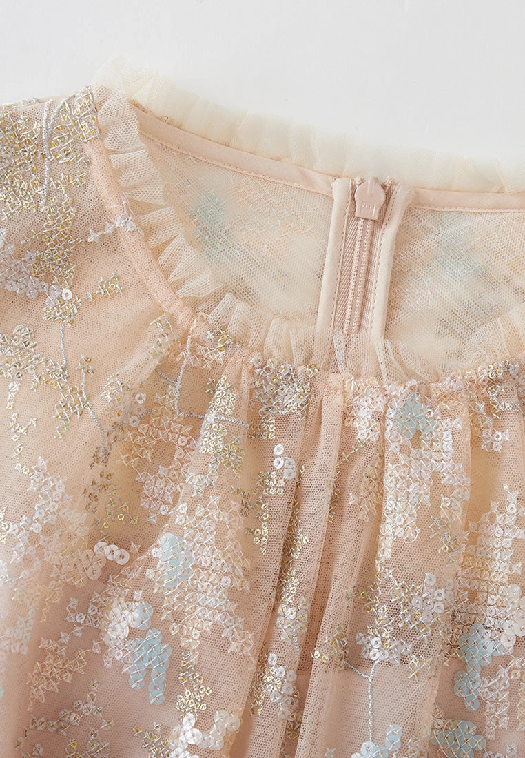 Ruffled-trim Cross-stitch Detail Sequin-detail Mesh Dress