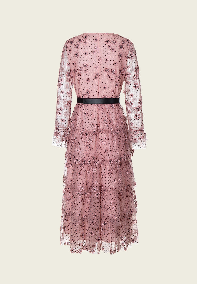 Sakura Appliqu Belted Panelled Mesh Dress