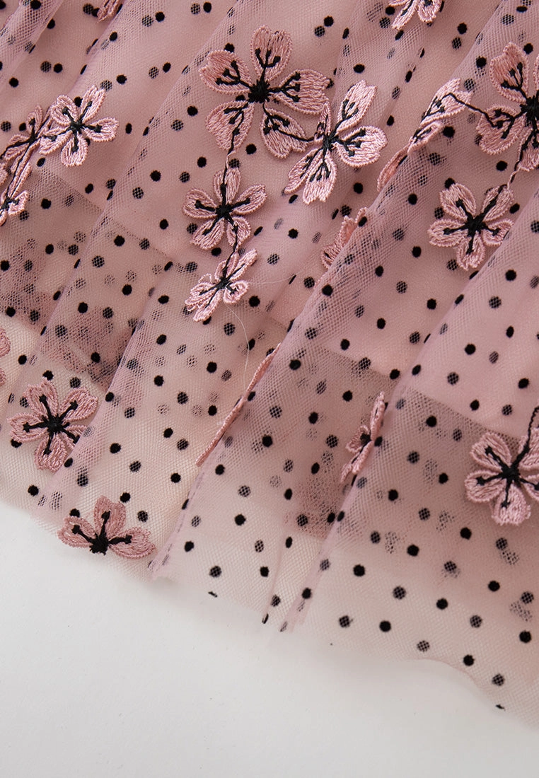 Sakura Appliqu Belted Panelled Mesh Dress