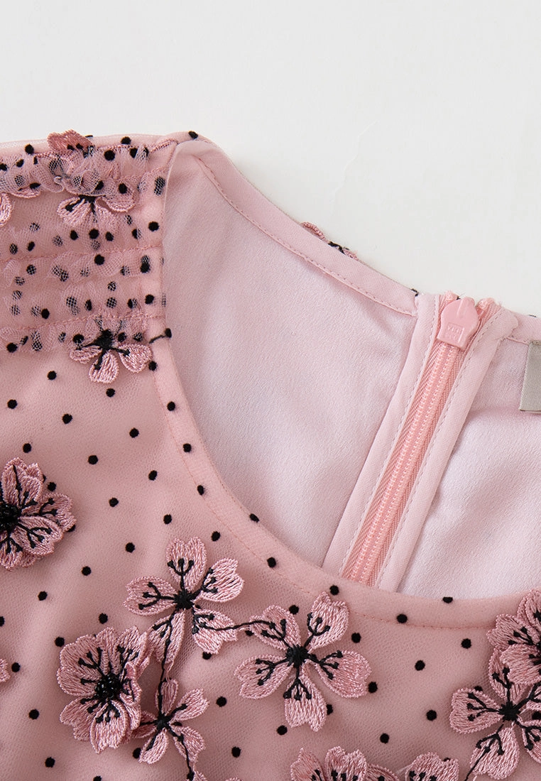 Sakura Appliqu Belted Panelled Mesh Dress
