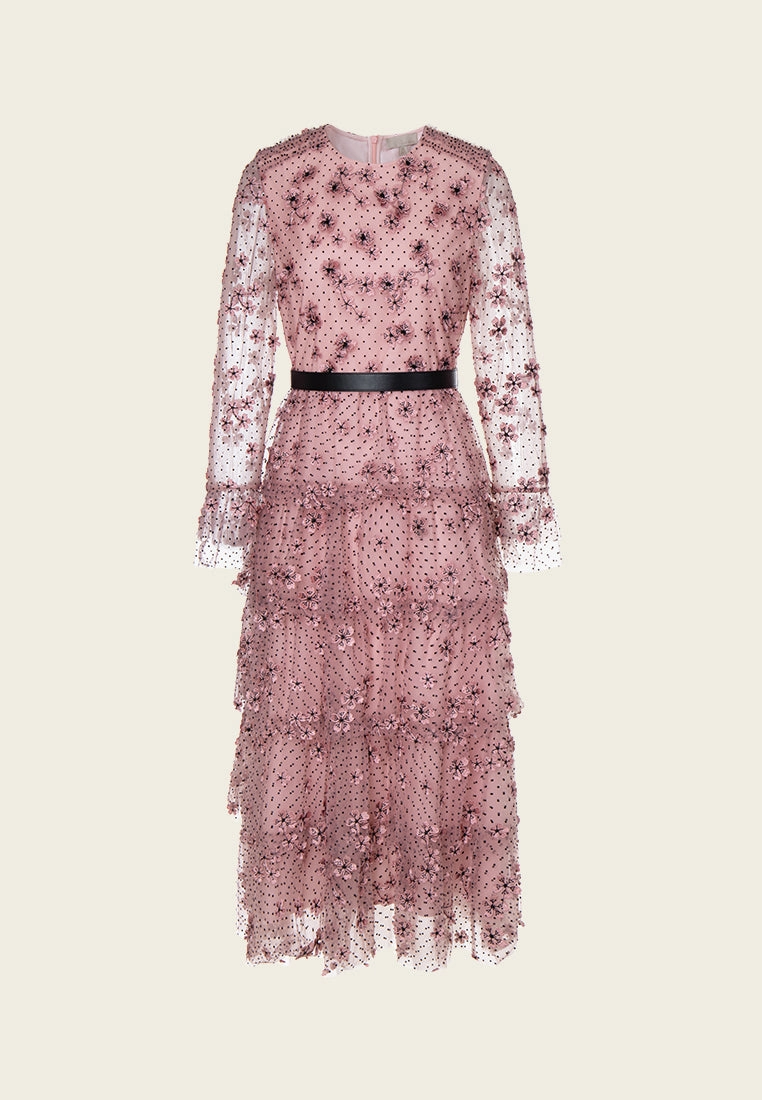 Sakura Appliqu Belted Panelled Mesh Dress