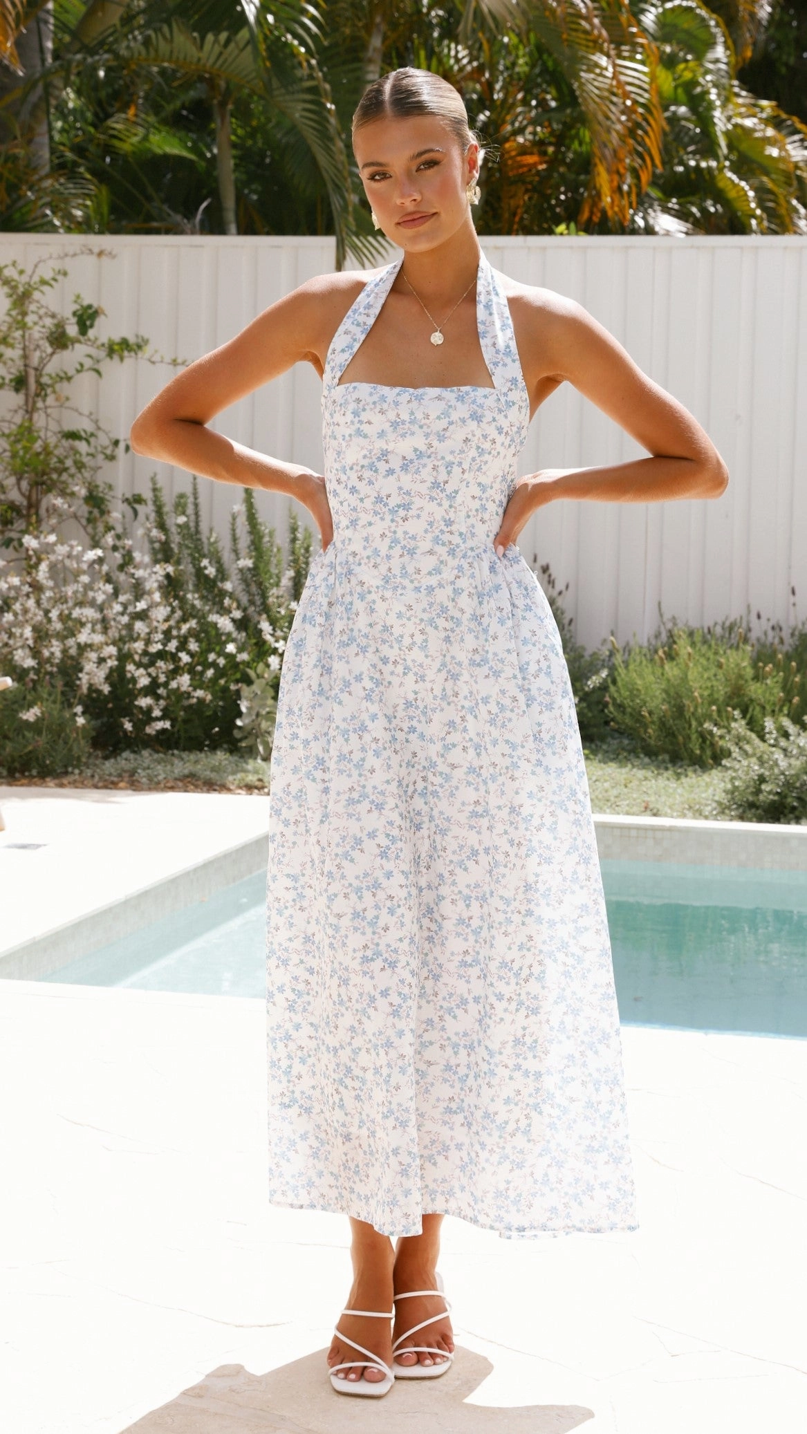 Salas Halter Maxi Dress - White / Blue Floral