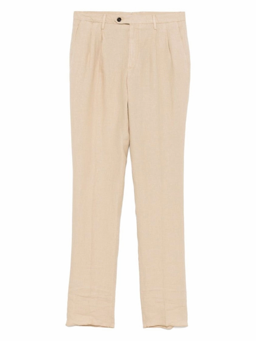 Sand Beige Linen Chino Trousers With Pleat Detailing