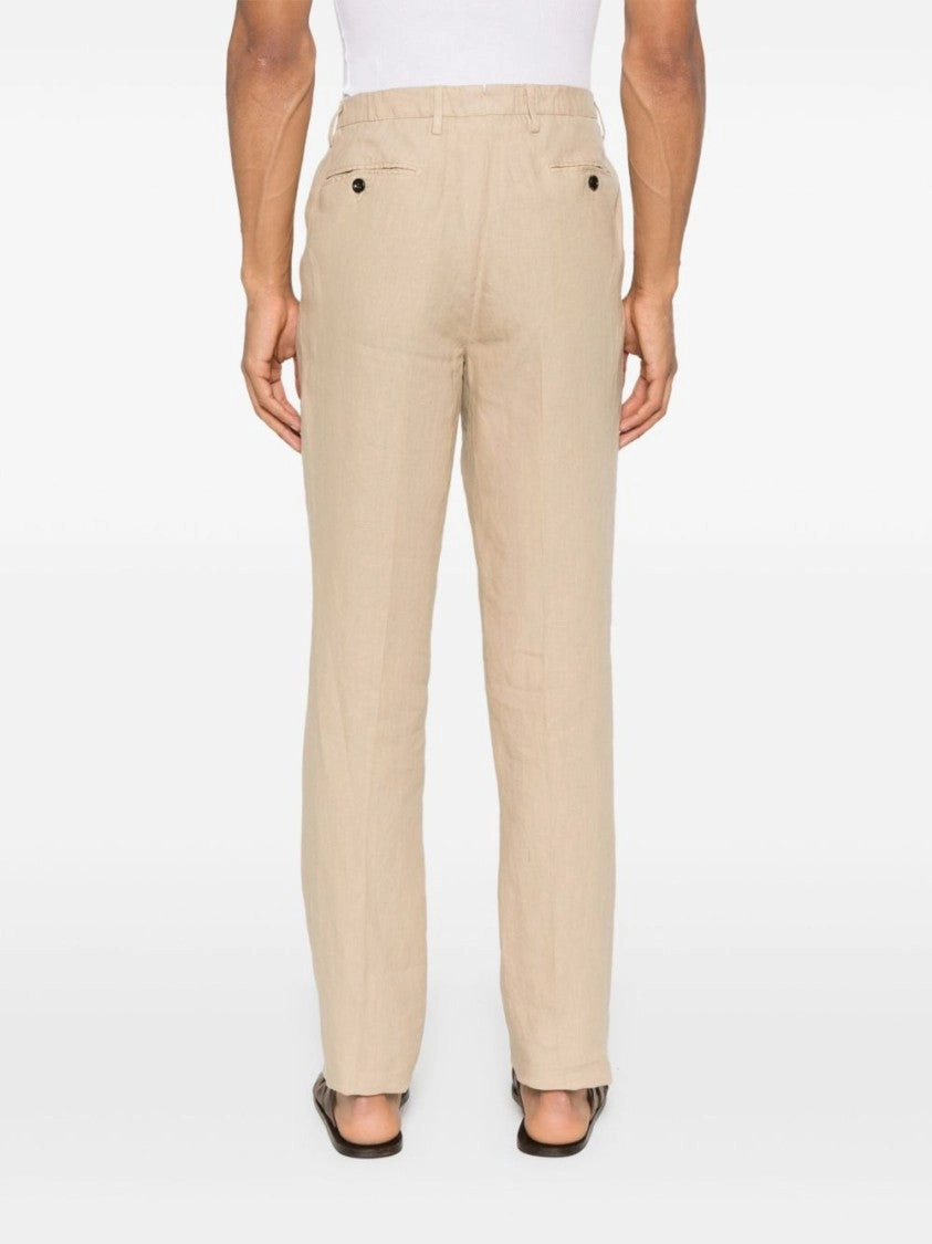 Sand Beige Linen Chino Trousers With Pleat Detailing