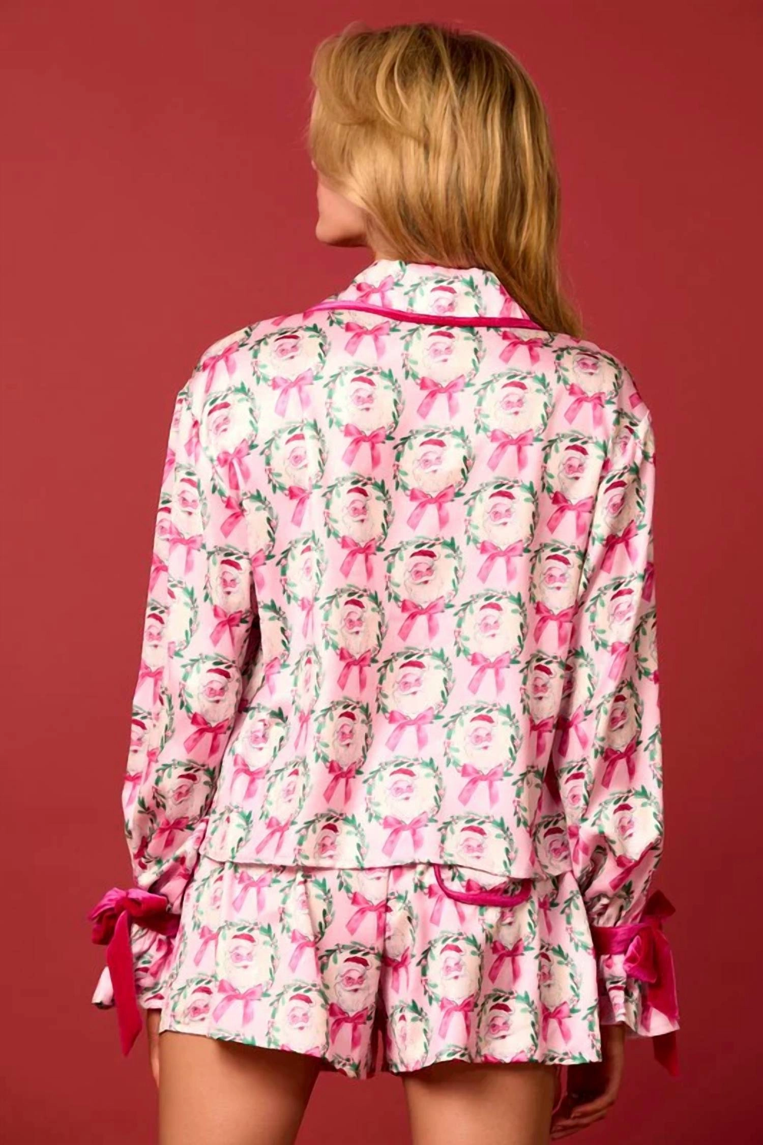Satin Santa And Bow Print Pajama Set In Pink/white