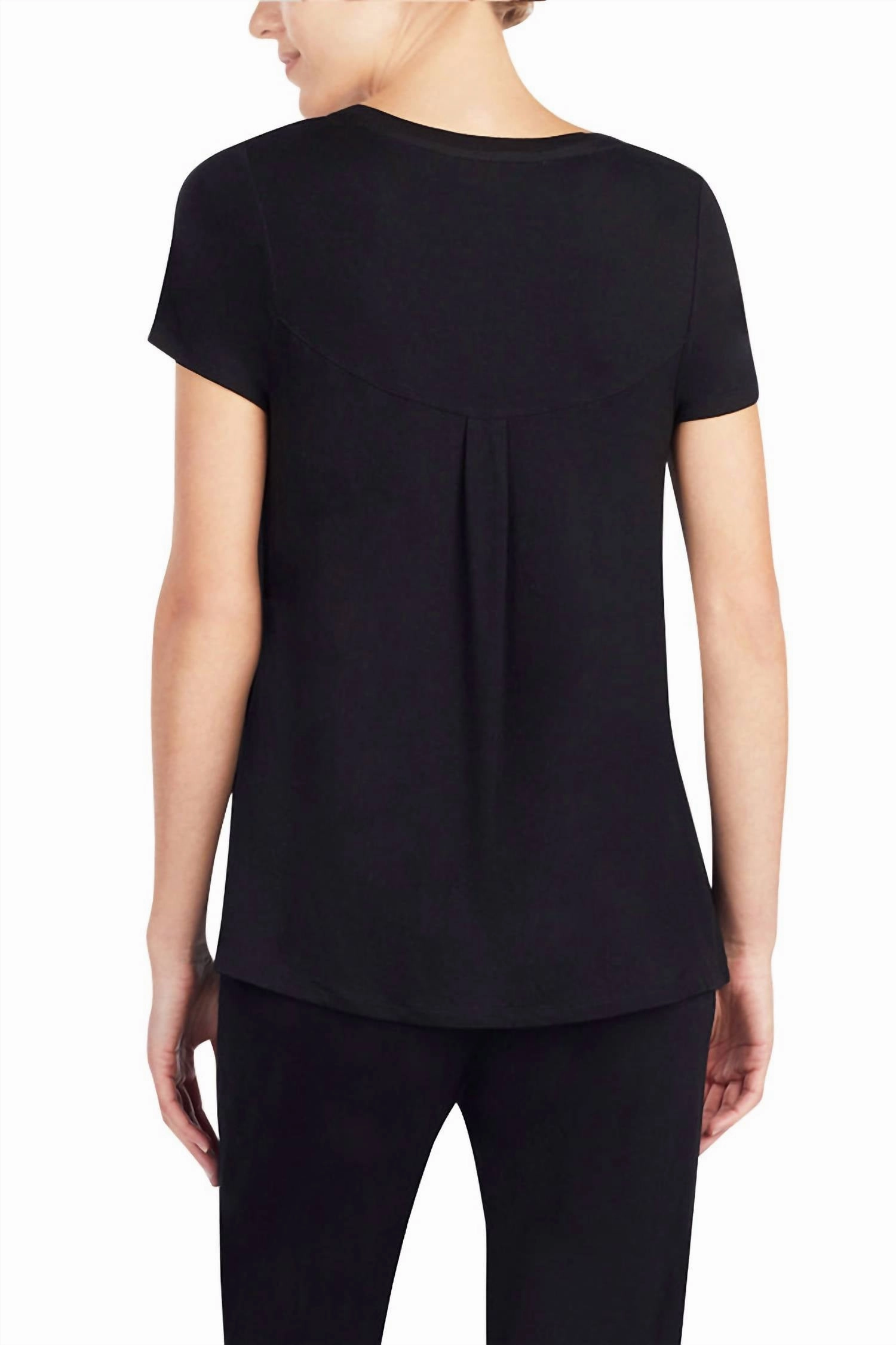 Scoop Neck Front Pocket Short Sleeve Sleep Pajama Top In Black