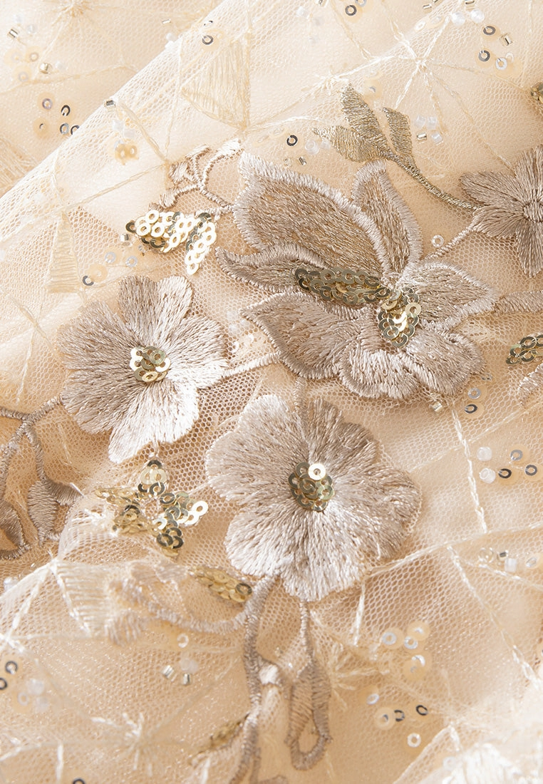 Sequin-detail Floral Embroidered Layered Mesh Dress