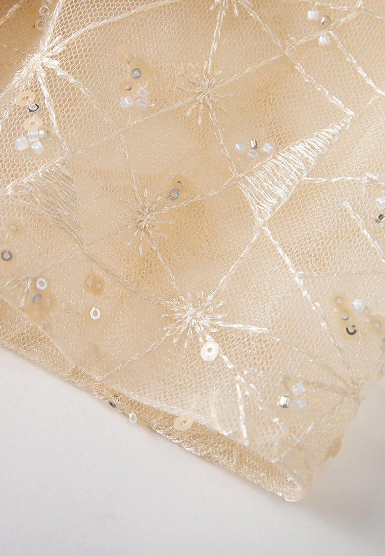 Sequin-detail Floral Embroidered Layered Mesh Dress