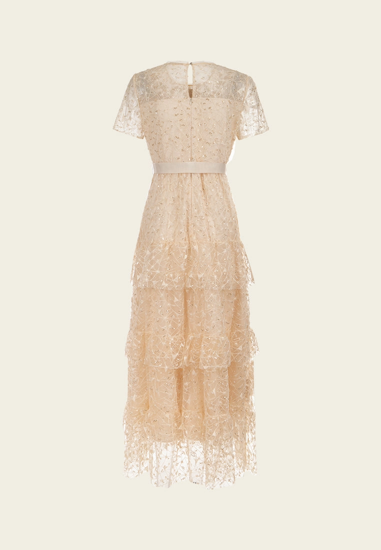 Sequin-detail Floral Embroidered Layered Mesh Dress