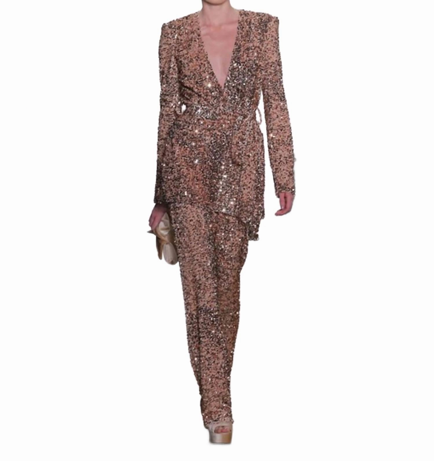 Sequin V-Neck Wrap Jacket And Pants In Gray