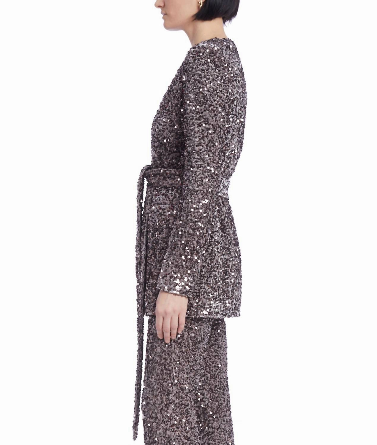 Sequin V-Neck Wrap Jacket And Pants In Gray