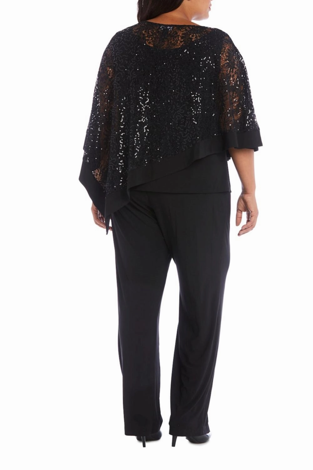 Sequined Lace Poncho 2-Piece Pants Set In Black
