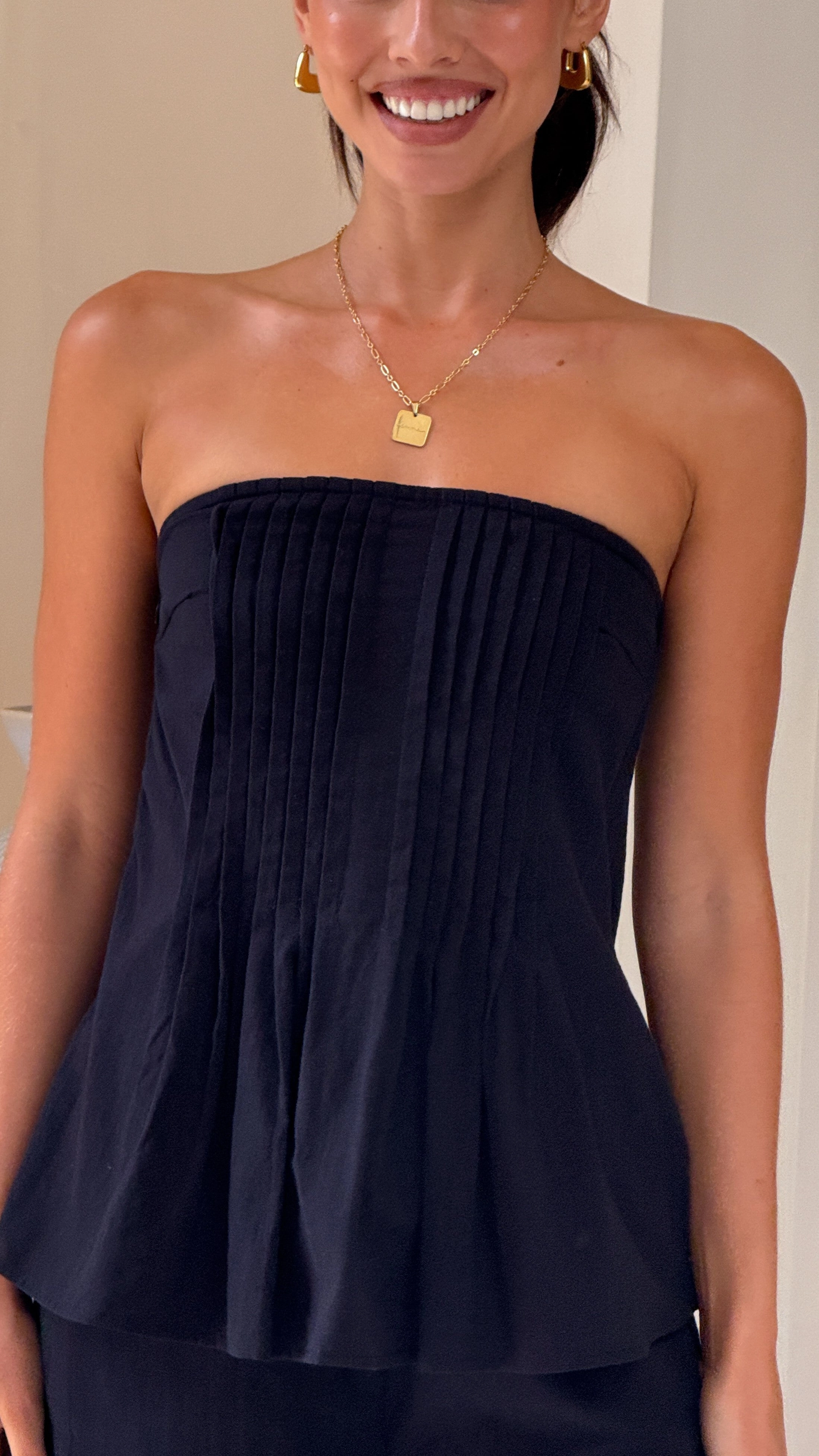 Sharni Strapless Pleat Top and Pants Set - Black
