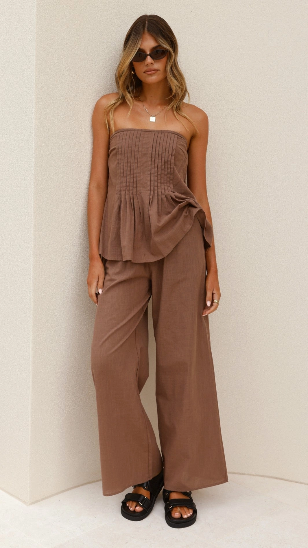 Sharni Strapless Pleat Top and Pants Set - Chocolate