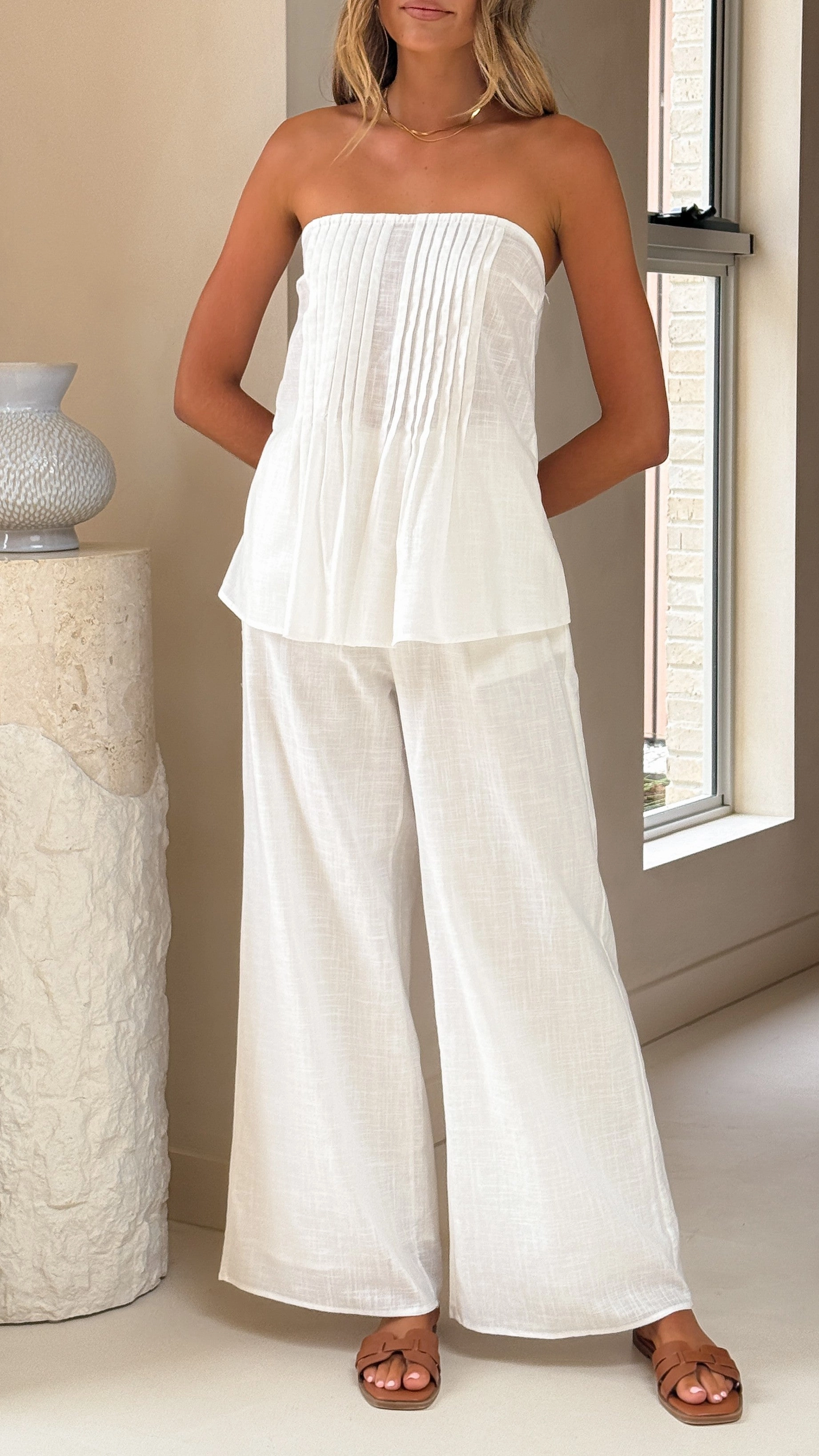Sharni Strapless Pleat Top and Pants Set - White