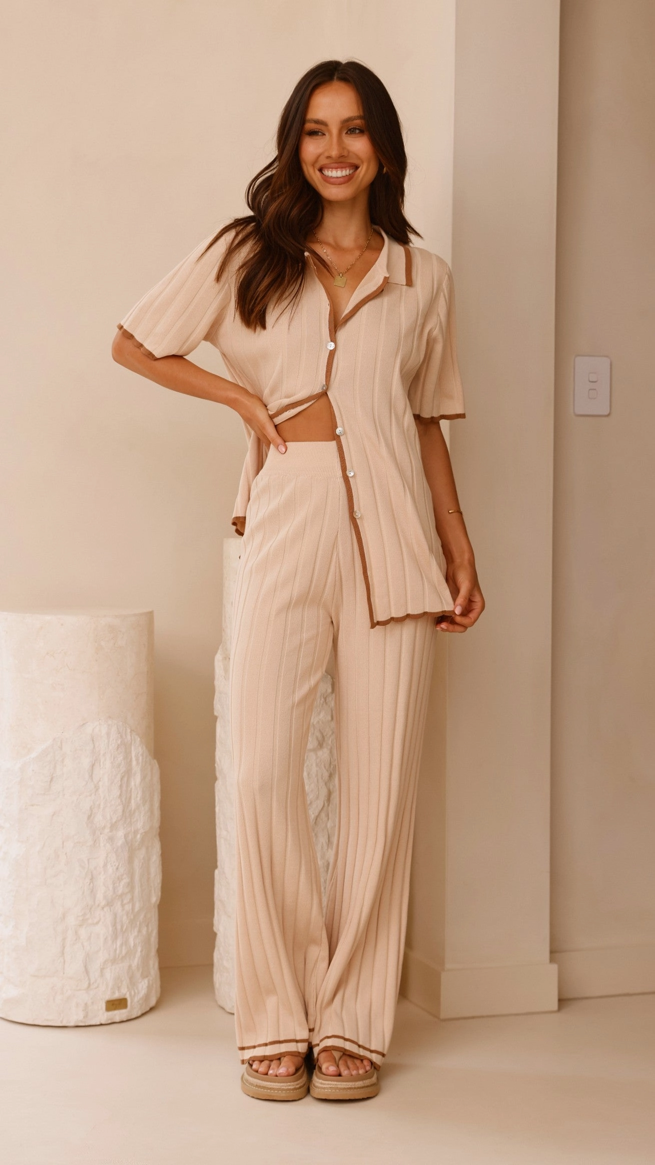 Shaylie Wide Leg Pants - Beige