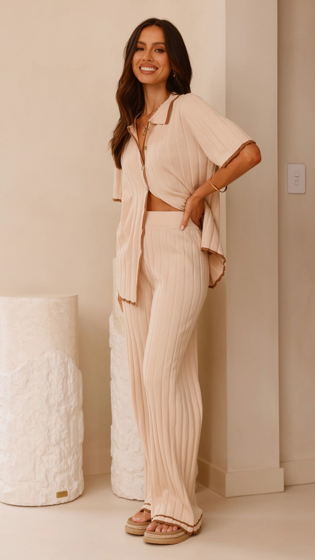 Shaylie Wide Leg Pants - Beige