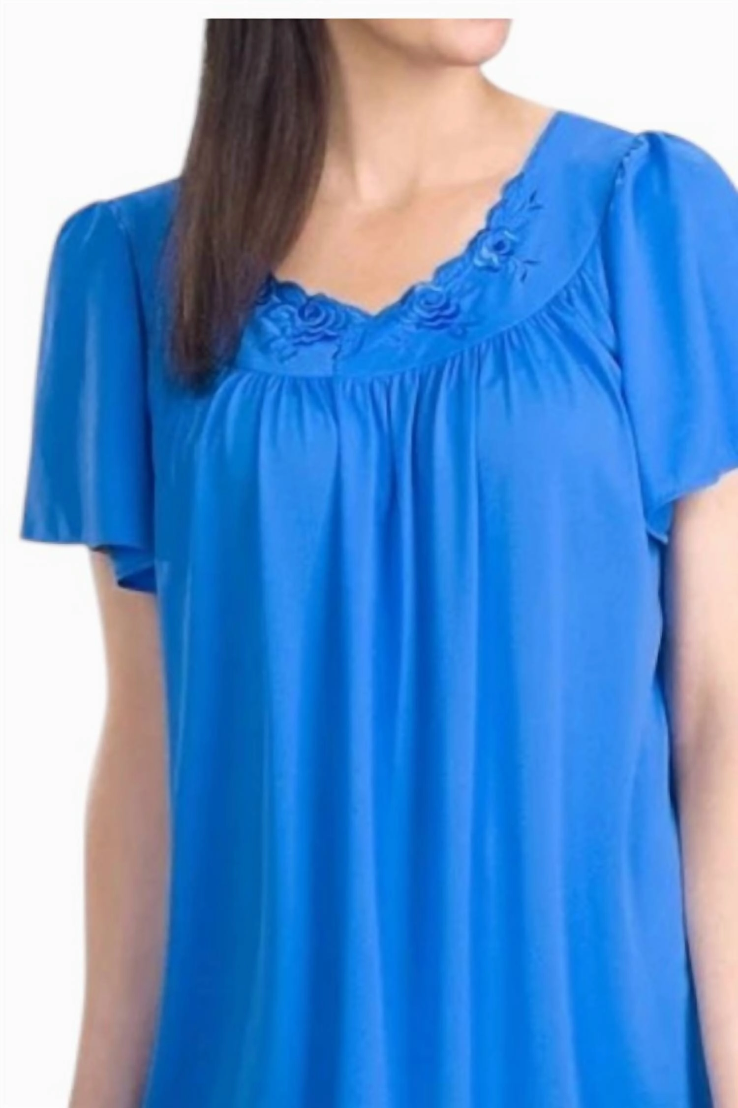 Short Gown With Flower Petal Embroidery And Flutter Sleeves In Sapphire