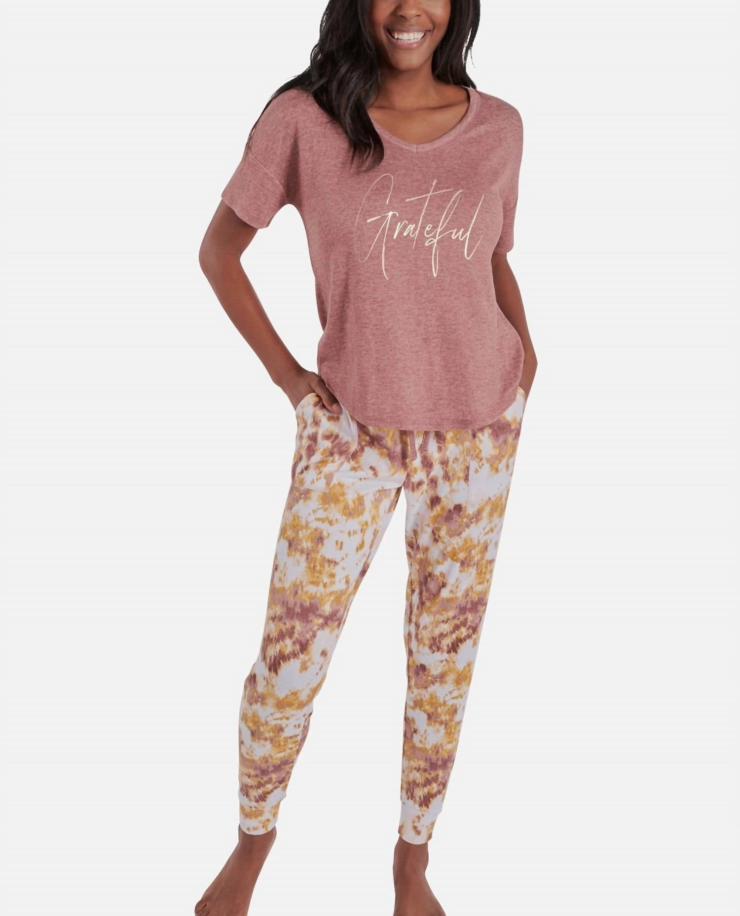 Short Sleeve Hacci Pajama Set With Jogger In Antique Rosewood