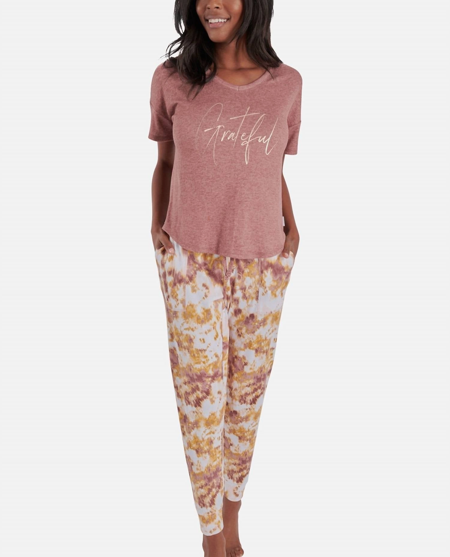 Short Sleeve Hacci Pajama Set With Jogger In Antique Rosewood