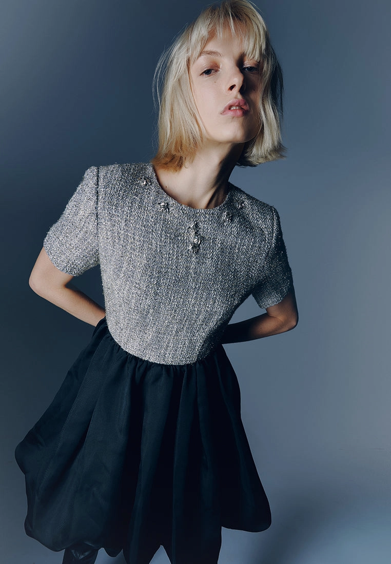 Silver And Black Bubble-hem Tweed Dress