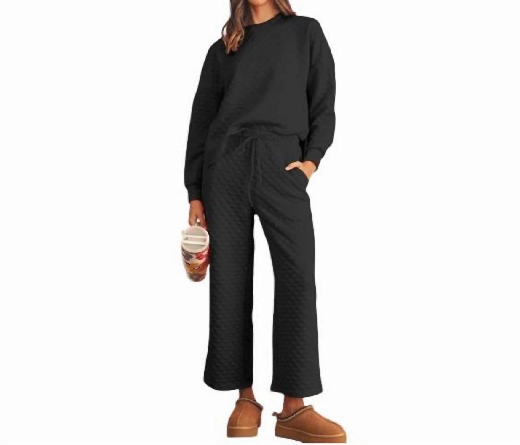 Solid Textured Matching Set In Black
