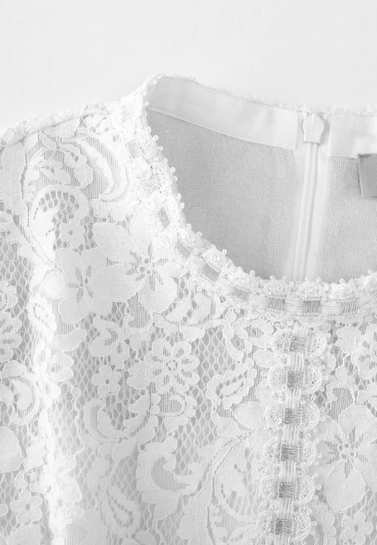 Stand-collar Luerx-trim Frayed-detail Lace Dress