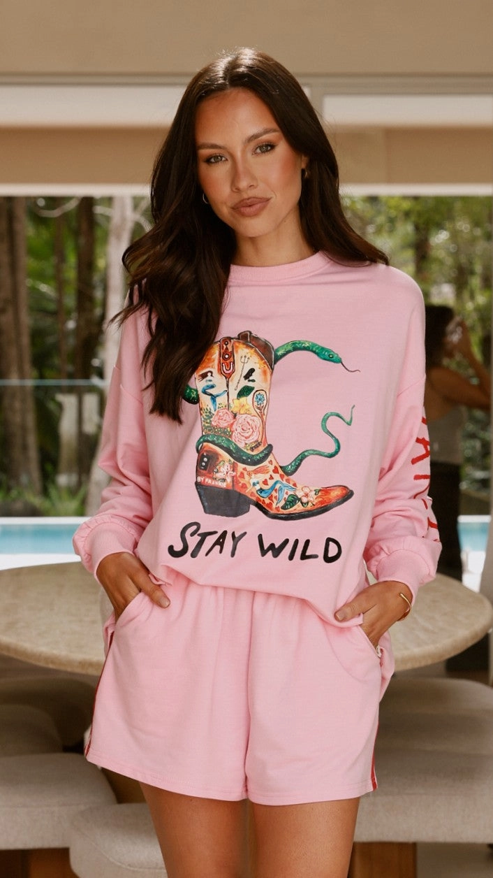 Stay Wild Long Sleeve Top and Shorts Set - Pink