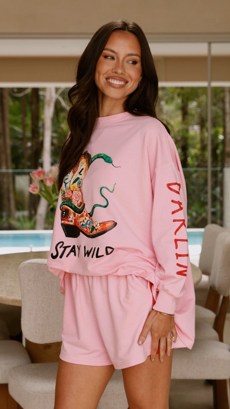 Stay Wild Long Sleeve Top and Shorts Set - Pink