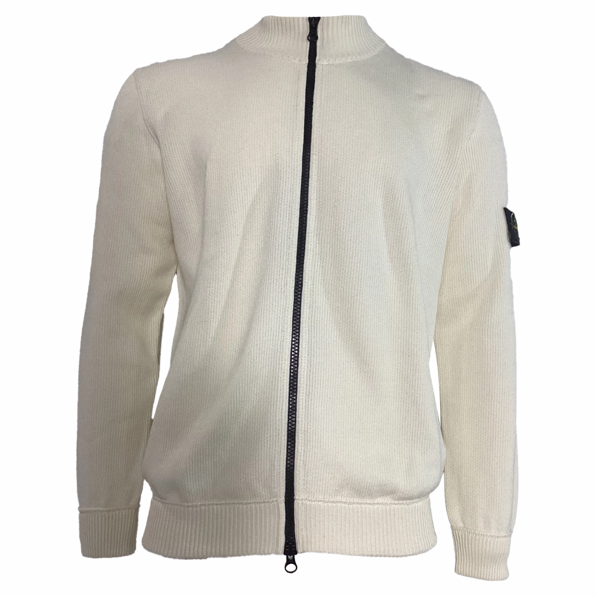 Stone Island Rib Knit Zip Sweater in White Wool