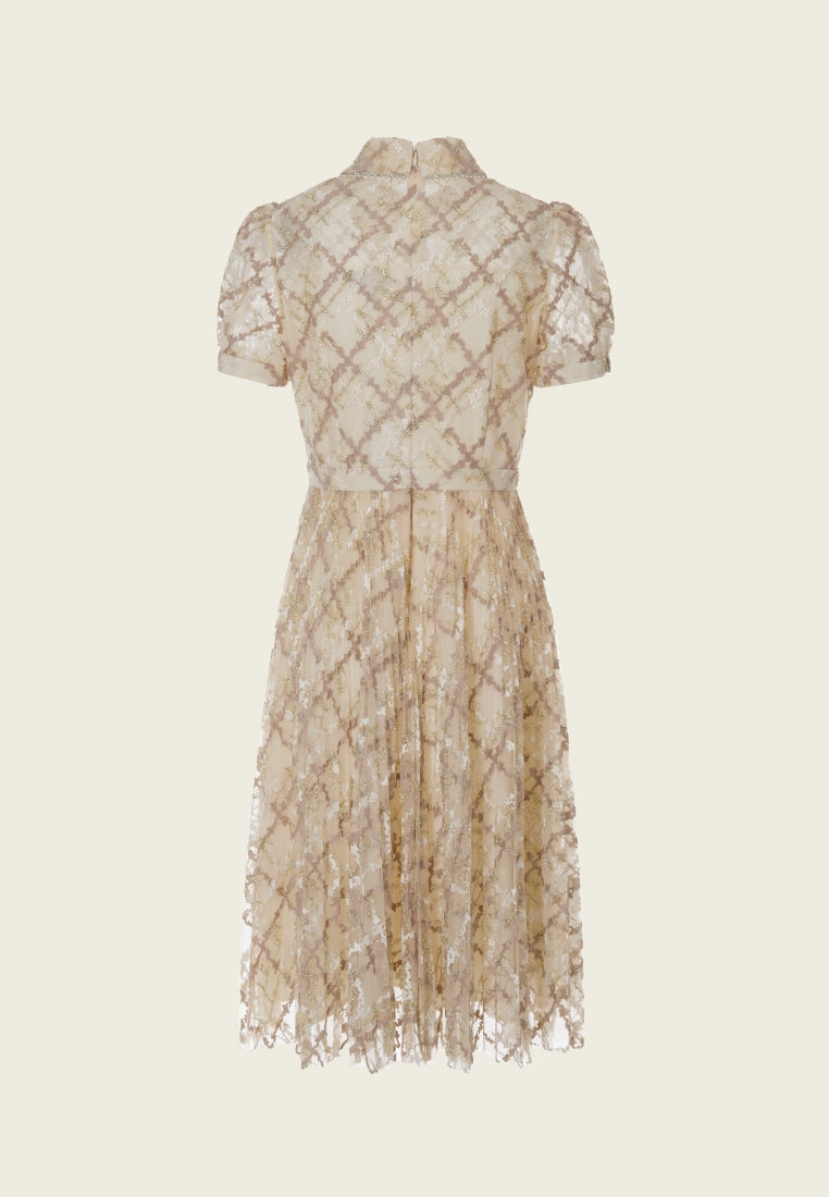 Straight-point Collar Puff-sleeve Checked Mesh Dress